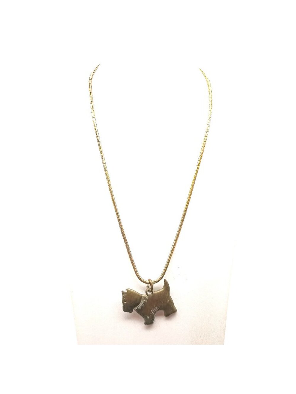 Vintage Brass Dog Pendant Necklace With Box Chain Scottie Dog Charm Jewelry Rust